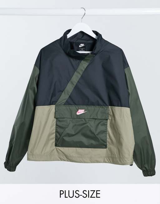 Nike Plus colour block cropped overhead jacket in khaki and black