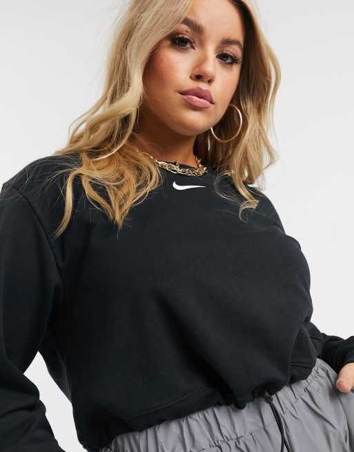 Nike Plus elastic drawcord cropped mini swoosh sweatshirt in black