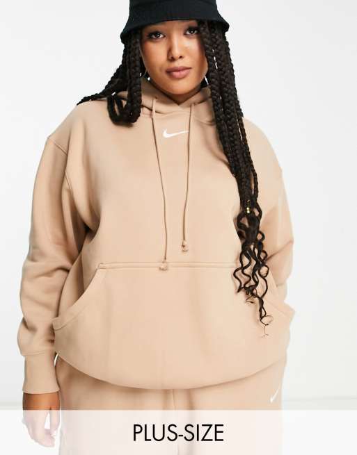 Nike Plus - Felpa con cappuccio oversize marrone canapa con logo piccolo