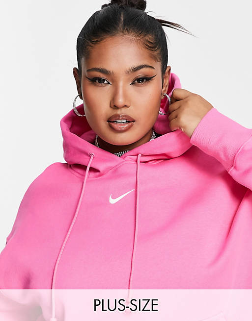 Nike Plus - Felpa con cappuccio oversize rosa con logo piccolo