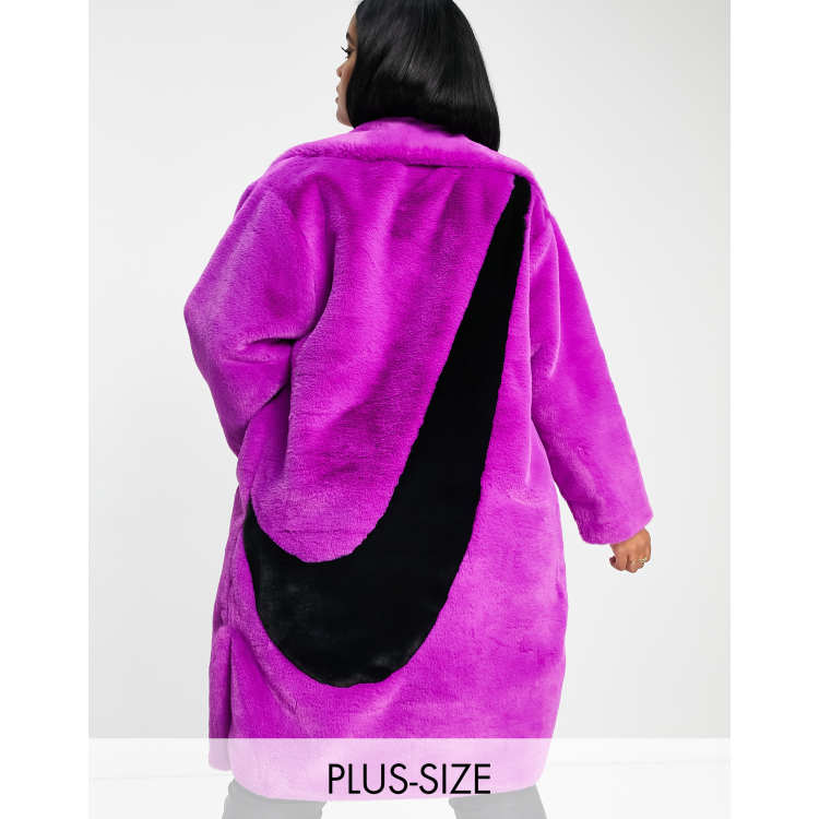 Nike Plus long faux fur swoosh coat in vivid purple and black