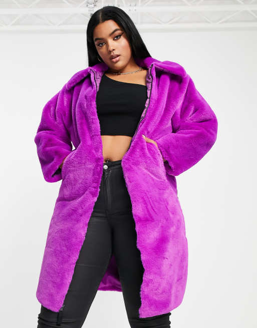 Nike Plus long faux fur swoosh coat in vivid purple and black