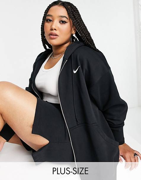 Nike Plus mini swoosh oversized full zip hoodie in black and sail