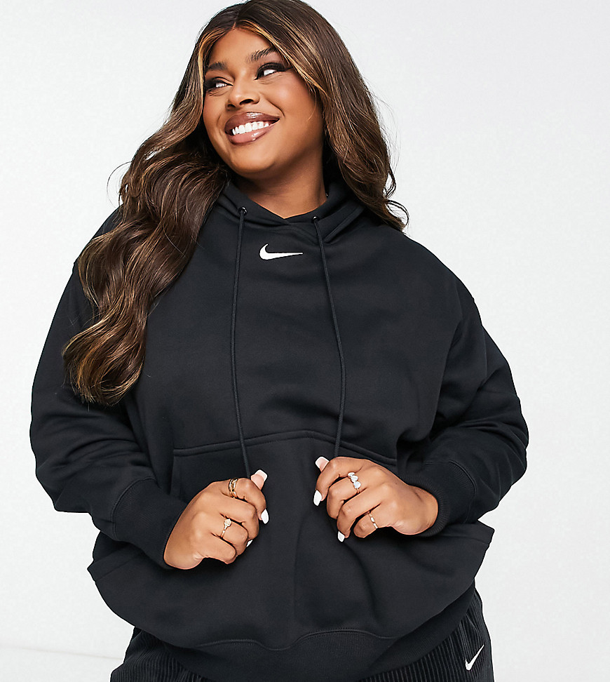 Nike Plus mini swoosh oversized pullover hoodie in black and sail
