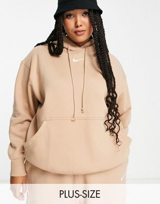 Nike Plus mini swoosh oversized pullover hoodie in hemp brown