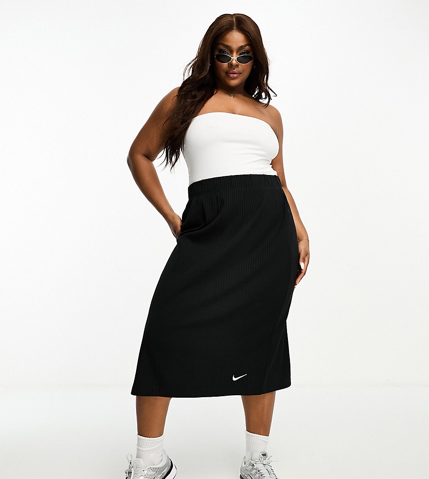 Nike Plus rib jersey midi skirt in black