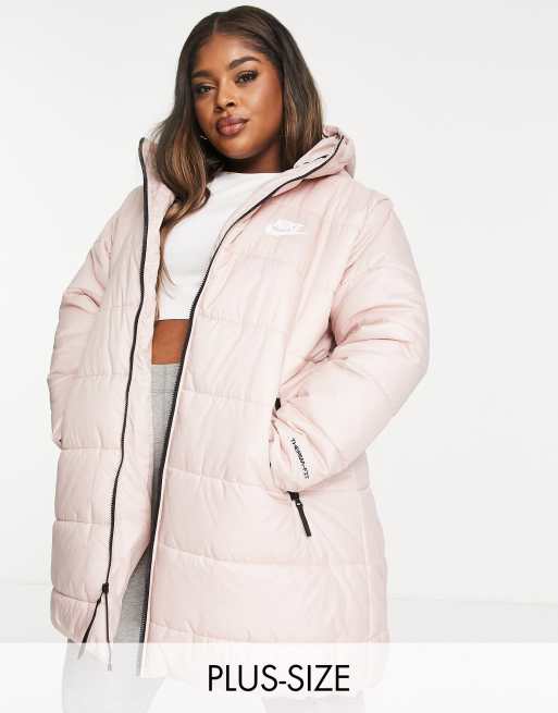Nike Plus – Rosa klassisk vadderad jacka med huva i lång modell