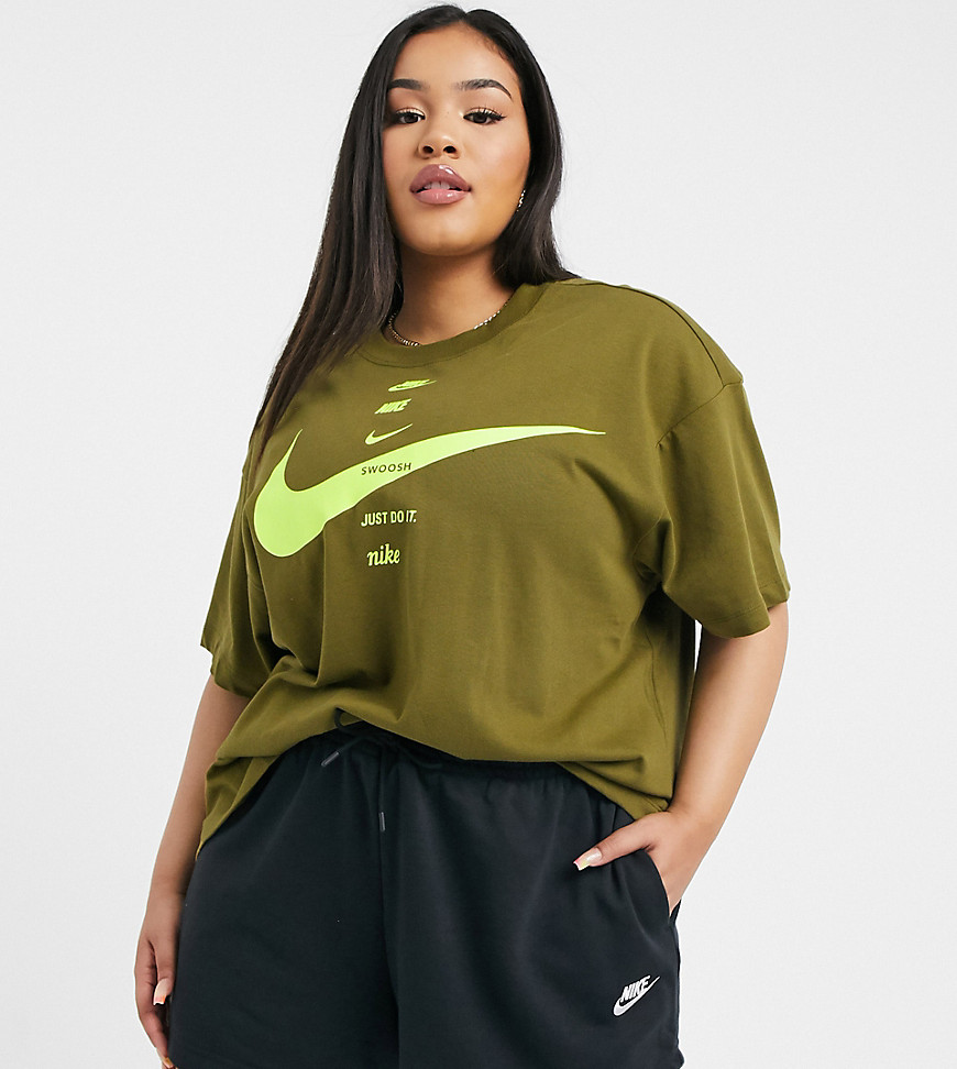 Nike Plus swoosh boyfriend multi logo t-shirt in khaki green