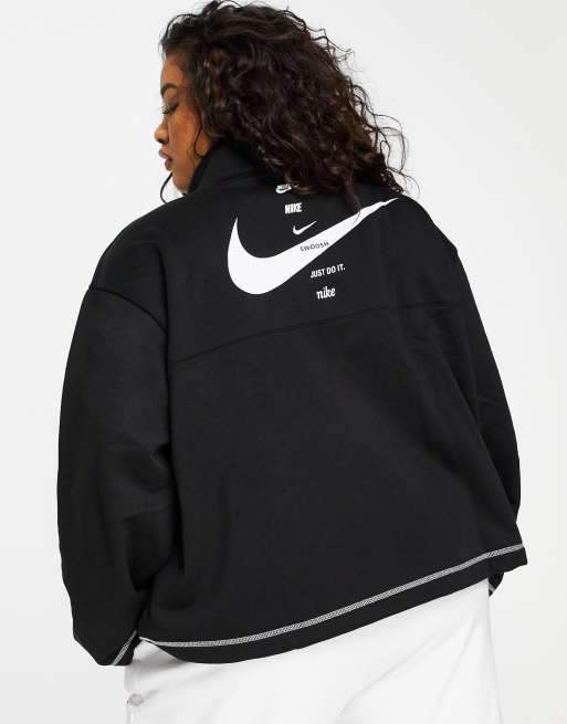 Nike Plus swoosh quarter zip funnel sweatshirt in black