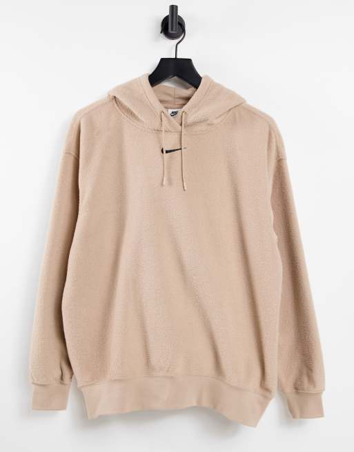 Nike – Plüschiger Oversize-Kapuzenpullover in Hanf-Beige mit kleinem Swoosh-Logo