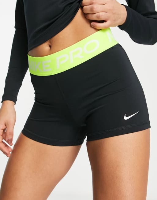 Nike Pro Training 3 inch booty shorts in black and volt