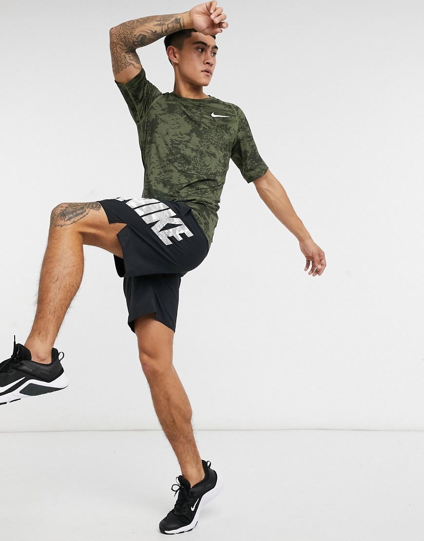 Nike Pro Training all over camo print baselayer t-shirt in green