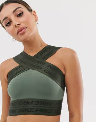 nike pro training crop tank in khaki with taping