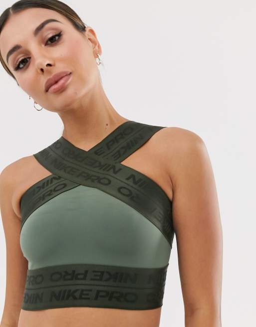 Nike Pro Training crop top with logo taping in khaki