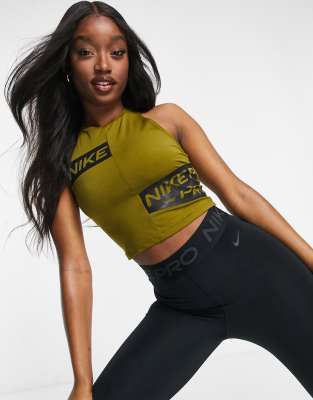 nike pro training crop tank in khaki with taping