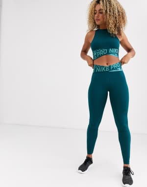 Nike Pro Training cross over leggings in teal Nepal