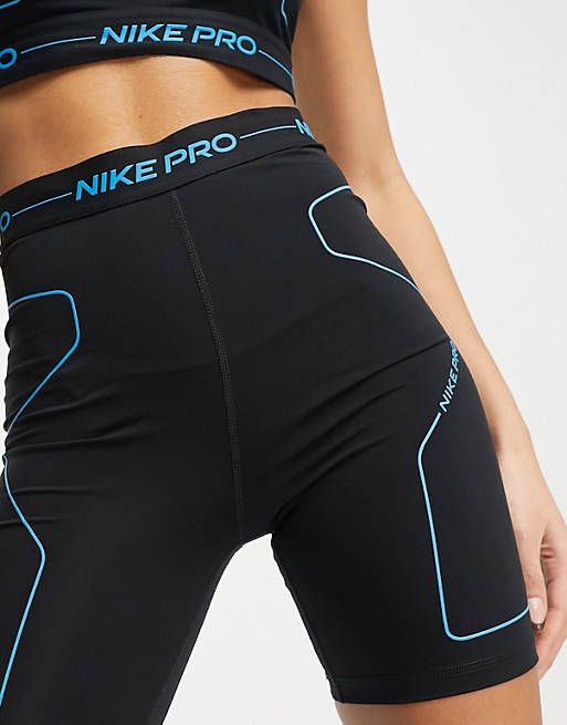 Verminderen menigte skelet Nike Pro Training Dri-FIT Combat Gear high-waisted booty shorts in black  and blue | ASOS