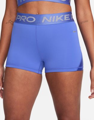 Shop Nike Pro Training Dri-fit Shine 3 Inch Shorts In Blue And Metallic Silver