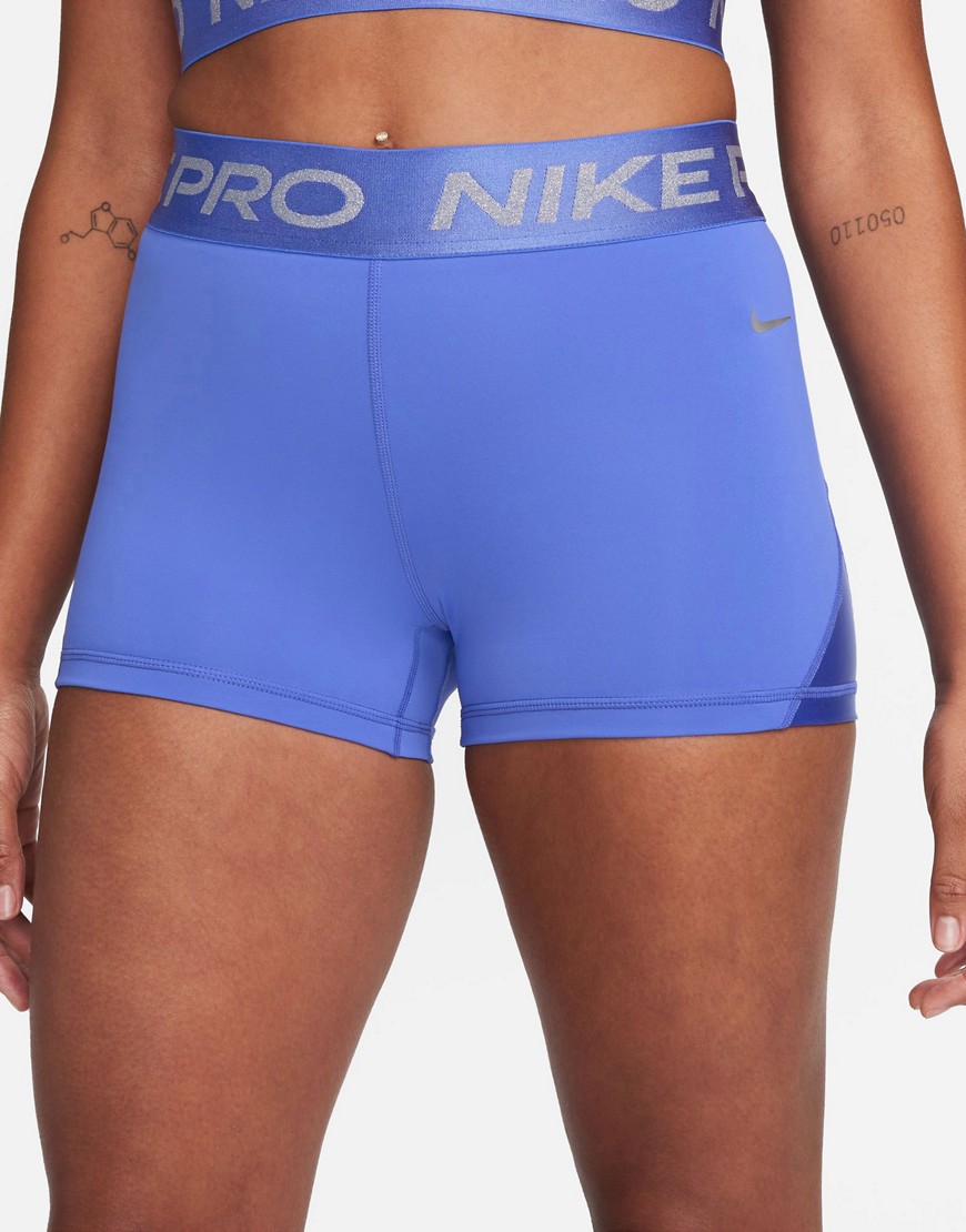 Nike Pro Training Dri-fit Shine 3 Inch Shorts In Blue And Metallic Silver