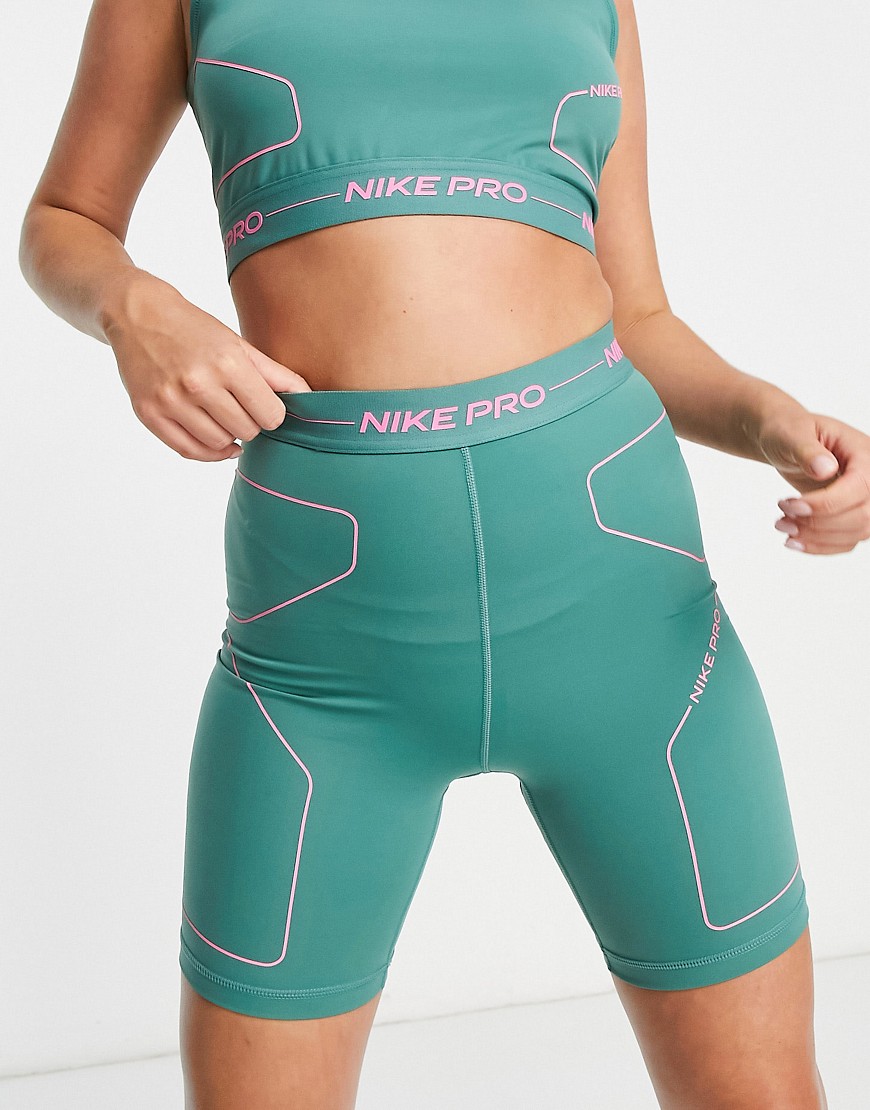 Nike Pro Training Seasonal high rise booty shorts in green and pink-Multi