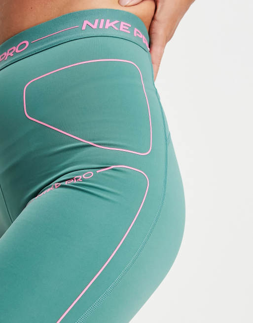 Nike Pro Training Seasonal high rise booty shorts in green and pink