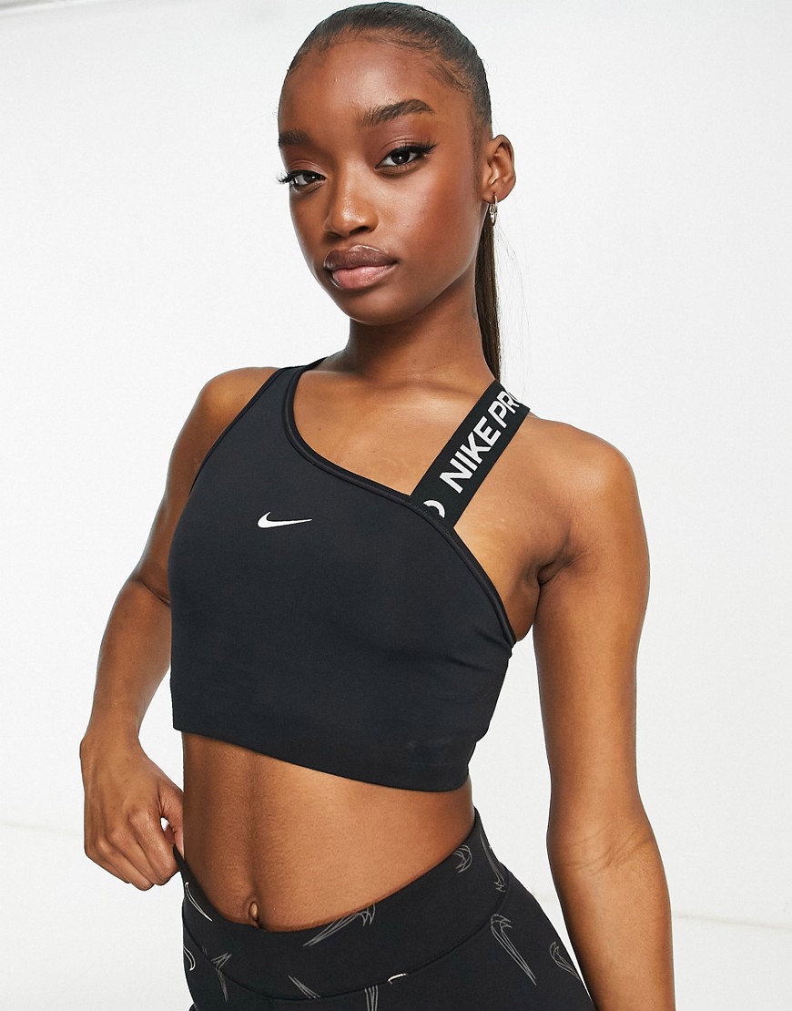 Nike Pro Training Swoosh Dri-FIT asymmetirc medium support sports bra in black