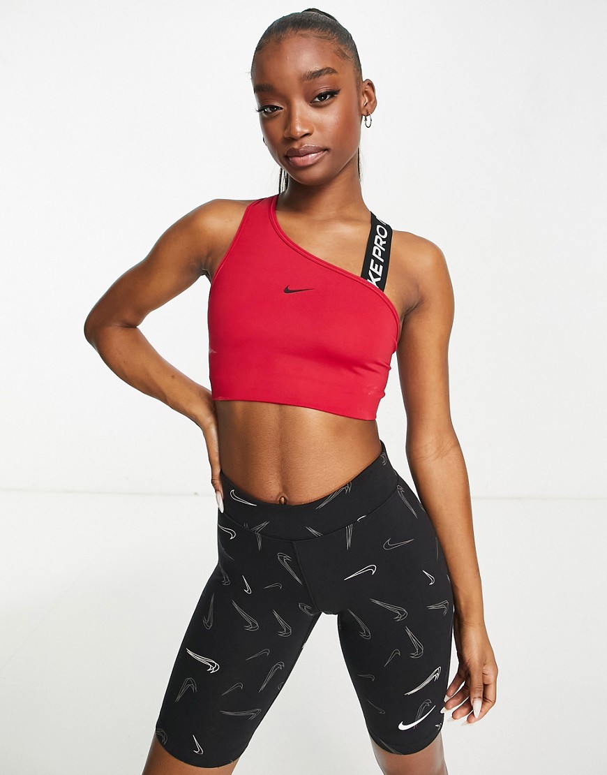 Nike Pro Training Swoosh Dri-FIT asymmetirc medium support sports bra in pink