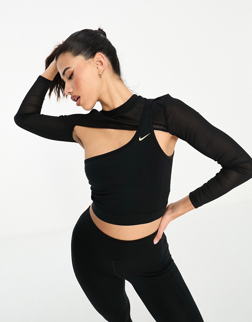 Shop Nike Pro Training Swoosh Novelty Cropped Cut Out Long Sleeve Top In Black