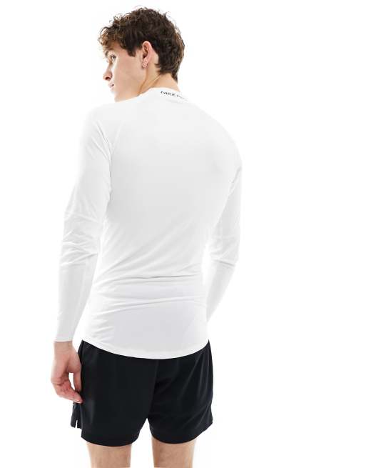Nike Pro Training tight long sleeve mock neck tight top in white