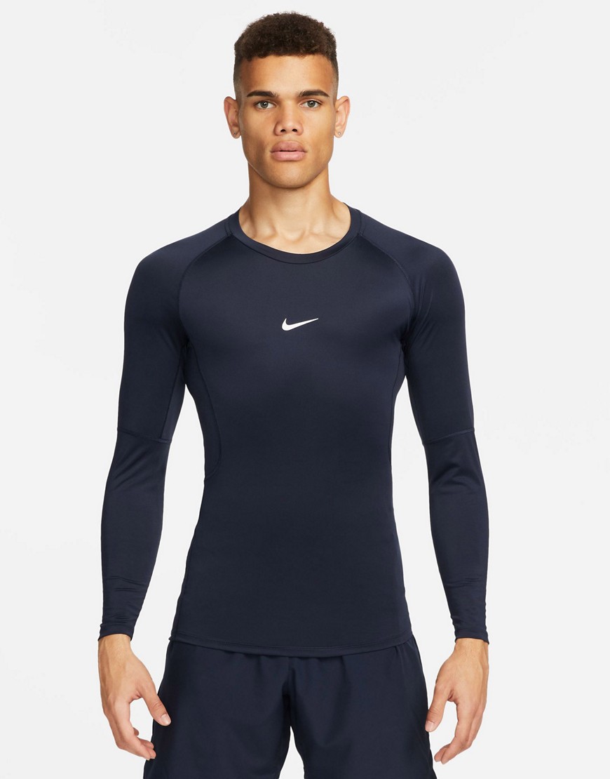 Nike Pro Training tight long sleeve tight top in navy-Black
