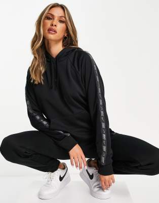 Nike pull over hoodie in black with logo tape sleeves