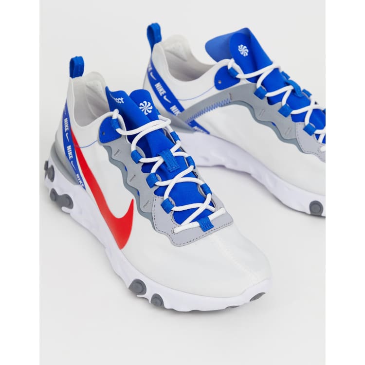 Nike React Element 55 trainers in white and blue