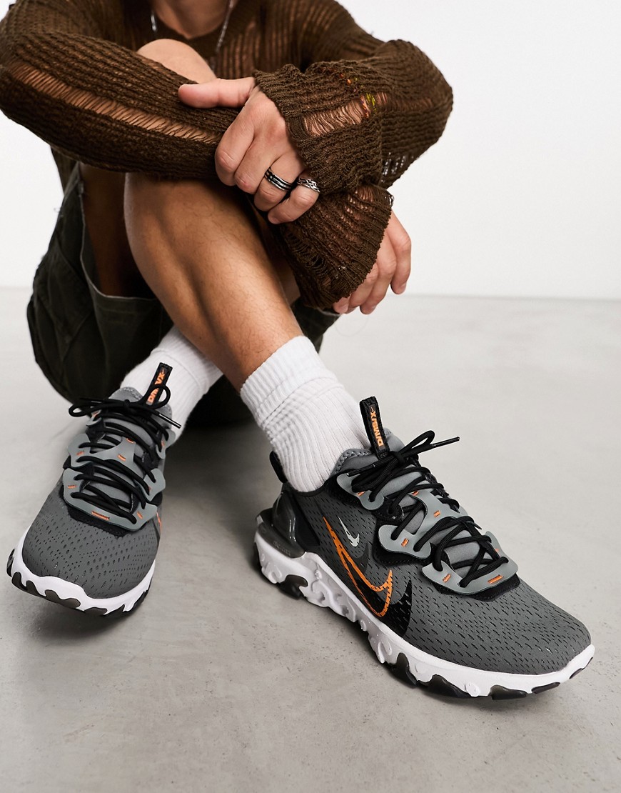 Nike React Vision stacked swoosh trainers in grey, white and orange