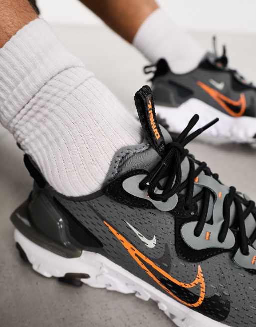 Nike React Vision stacked swoosh trainers in grey white and orange