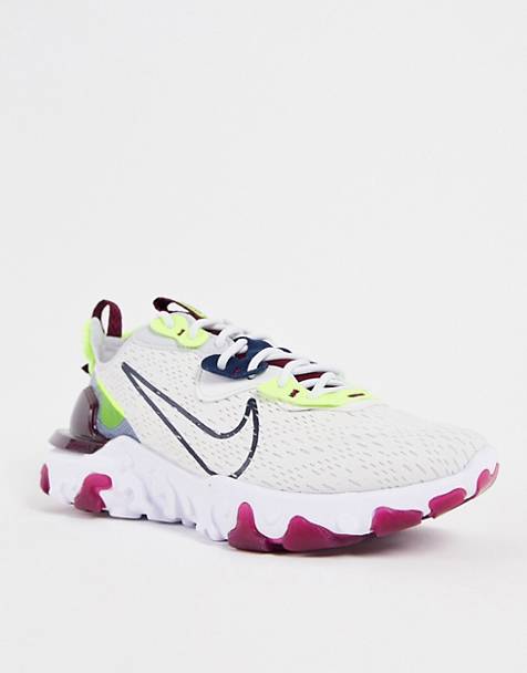 Nike React Vision trainers in off white burgundy and volt