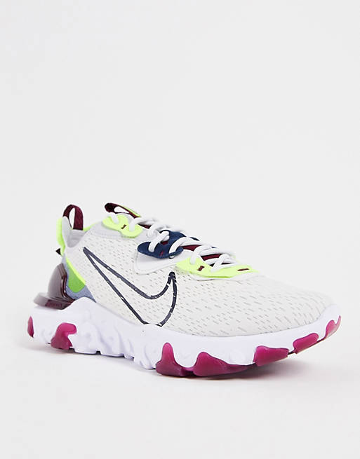 Sportswear Nike React Vision trainers in off white burgundy and volt 