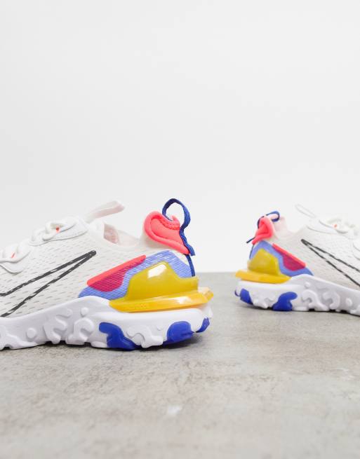 Nike React Vision trainers in white yellow and pink