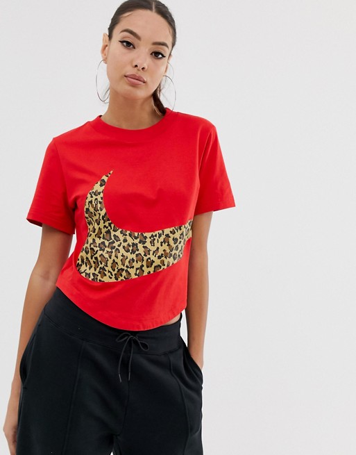 Nike Red Oversized Leopard Swoosh Crop T-Shirt | ASOS