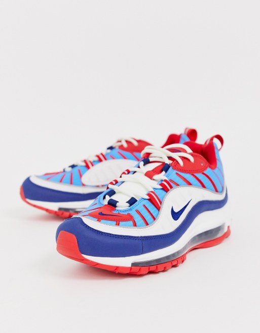 Nike red store and blue trainers