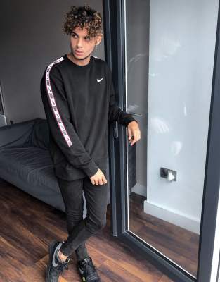 nike repeat pack logo taping crew neck sweat in grey