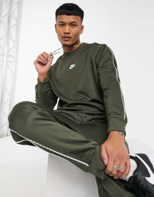 Nike Repeat Pack polyknit logo taping crew neck sweat in khaki-Green