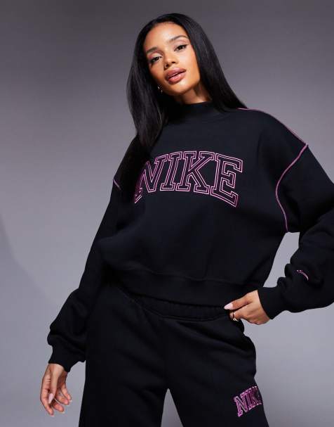 Nike retro logo mock neck sweatshirt in black and pink - view 1