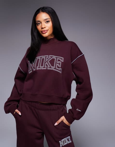 Nike retro logo mock neck sweatshirt in burgundy - view 1