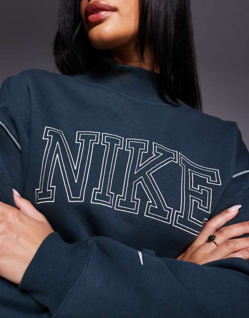 Nike retro logo mock neck sweatshirt in dark green