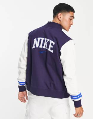 Nike Retro Varsity fleece jacket in off white/navy