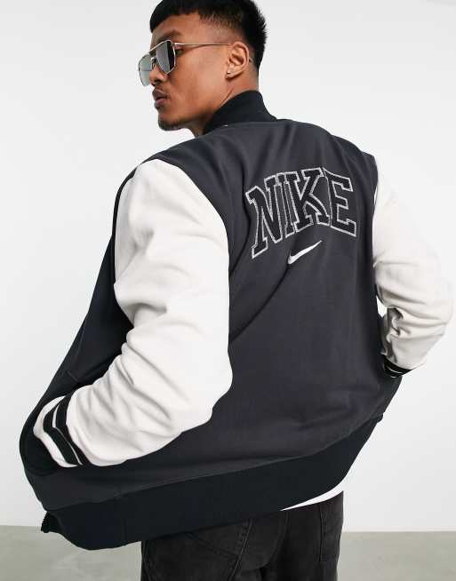 nike retro varsity fleece jacket in off white washed black