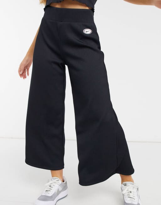 Nike ribbed high waist wide leg joggers in black