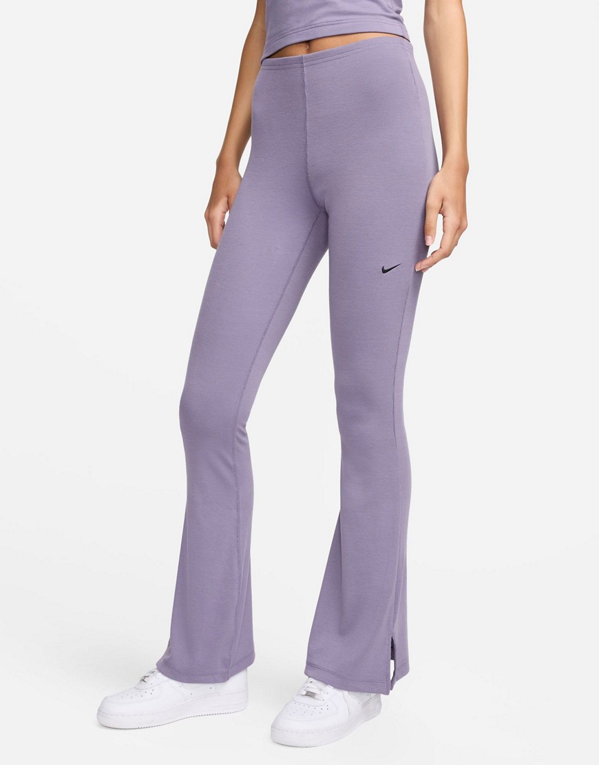 Shop Nike Ribbed Mid Rise Flared Pants In Purple-gray