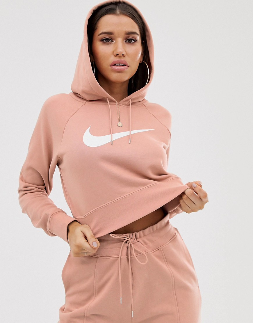 Nike Rose Gold Oversized Swoosh Logo Cropped Hoodie-Pink