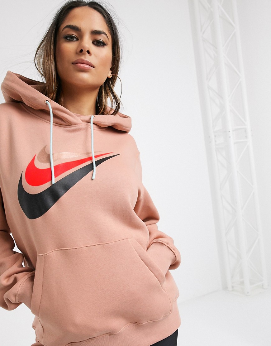 Nike – Roséguldfärgad huvtröja i oversize-modell med trippel-Swoosh